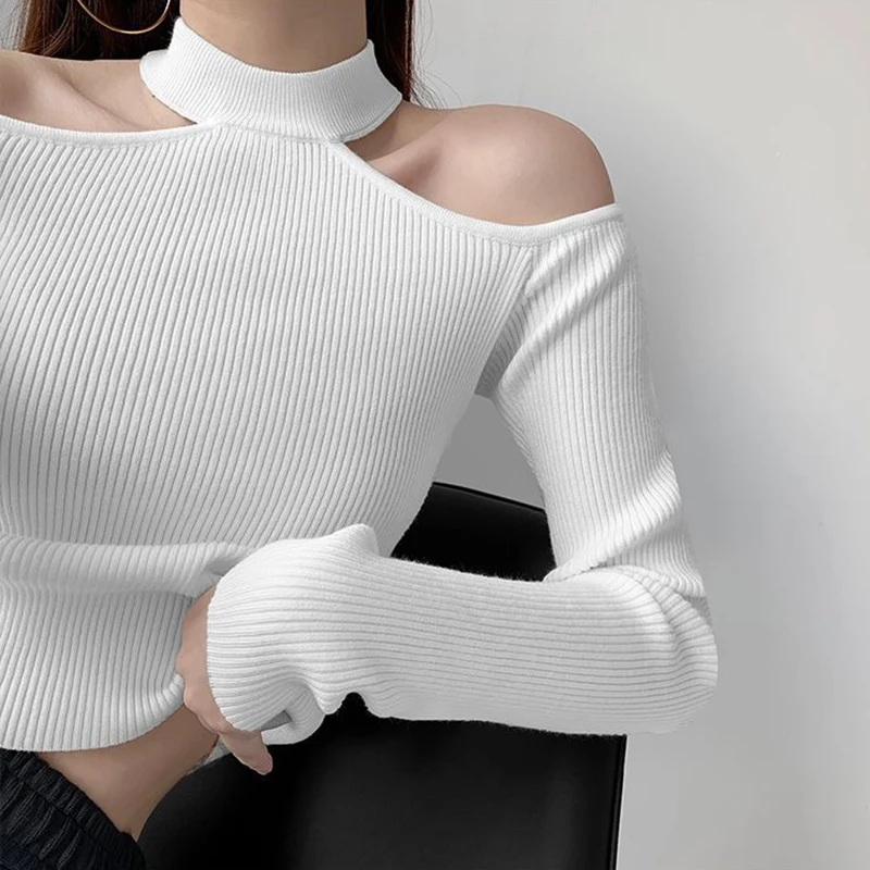 Suéter negro Sexy de punto con hombros descubiertos Y2K Harajuku, Jersey informal ajustado calado, ropa de calle firme para mujer, Jersey de punto con cuello redondo