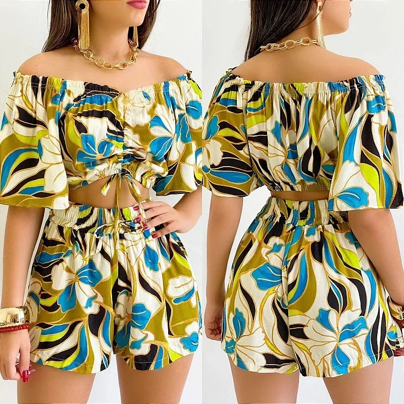 Shorts 2 Piece Set Woman Outfit 2024 Summer Plant Print Fashion Versatile Off Shoulder Drawstring & Casual Tops Suits for Female