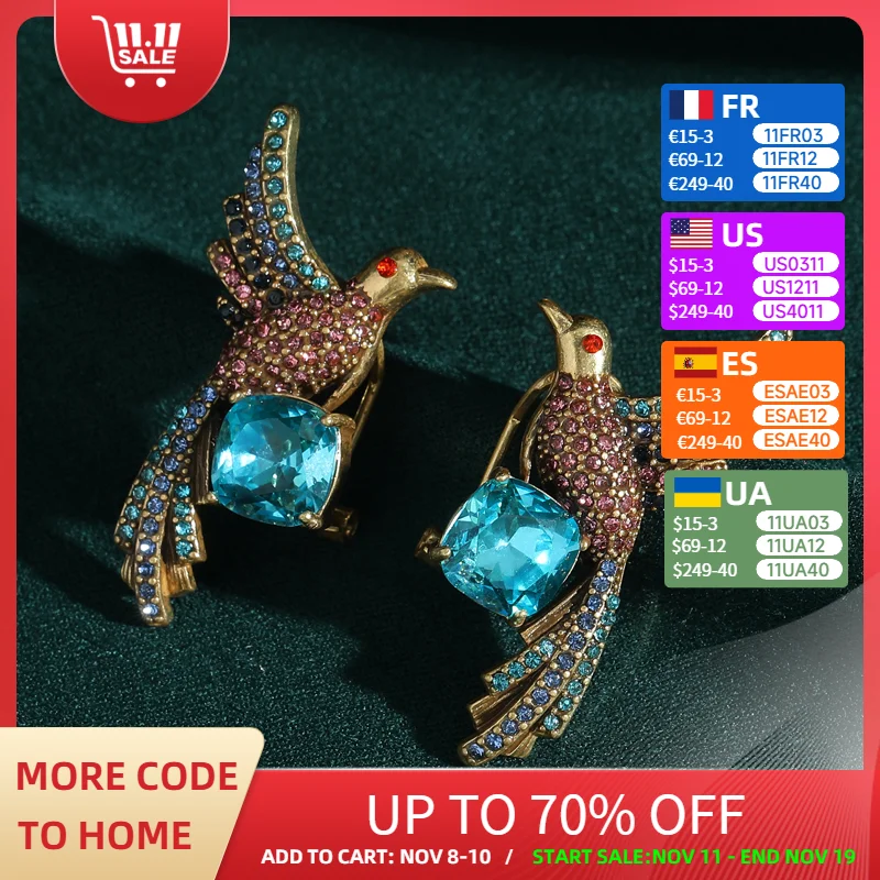 

Vintage Blue Crystal Stud Earrings Phoenix Glass Bird Jewelry Rhinestone Gold Color Engagement Party Wedding 2025 Trending New