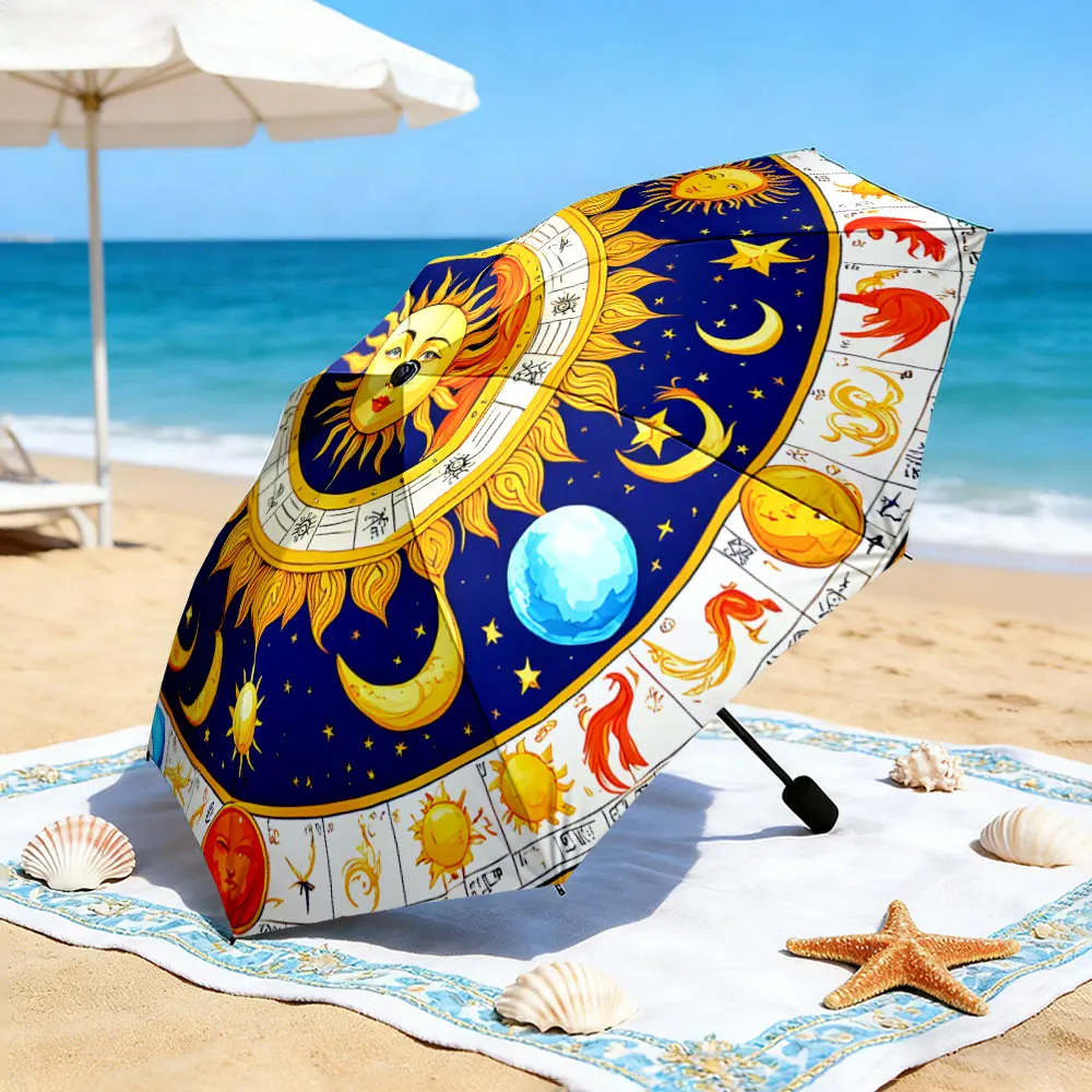 1PC Zodiac and Sun Pattern Umbrella by the Lakeside Print 8 Iron Ribs Folding Umbrella Auto-Open Fashion Sunshade