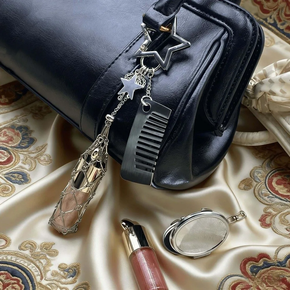 Portable Net Pocket Lipstick Bag Pendant Mini Bow Metal Mesh Bag Key Chain with Comb Creative Lipstick Cover Key Ring Travel
