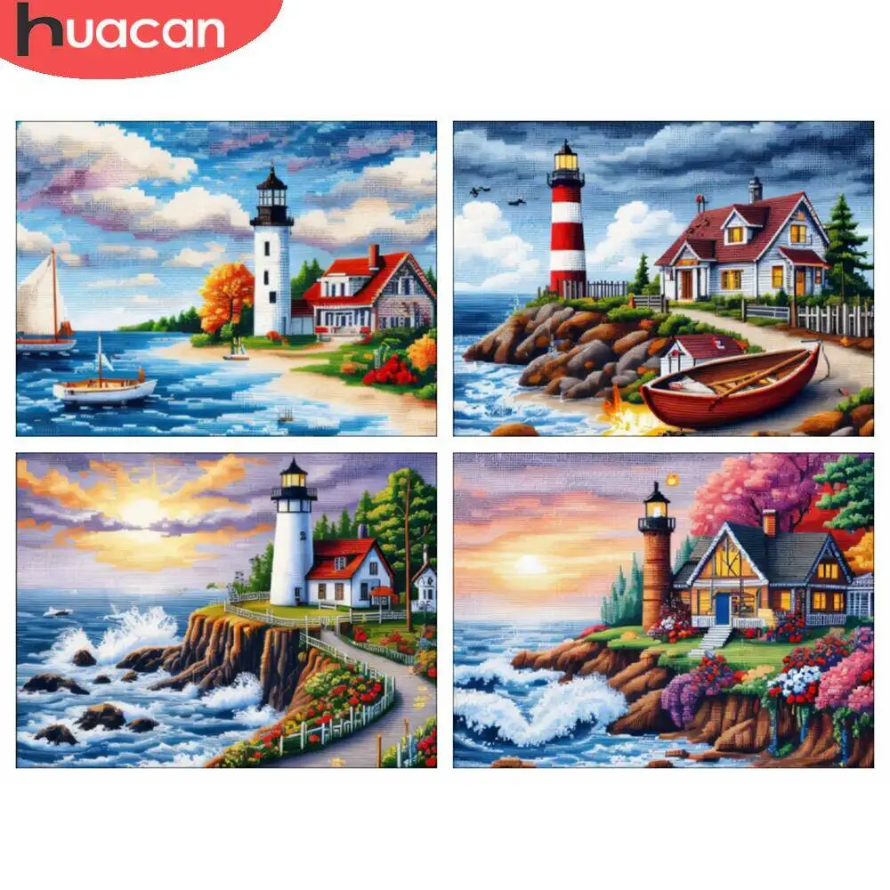 HUACAN Kreuzstich-Set, Leuchtturm, Landschaft, Meer, 11 Karat, Stickerei, Strandhaus, Bild, bedruckte Leinwand, Wanddekoration
