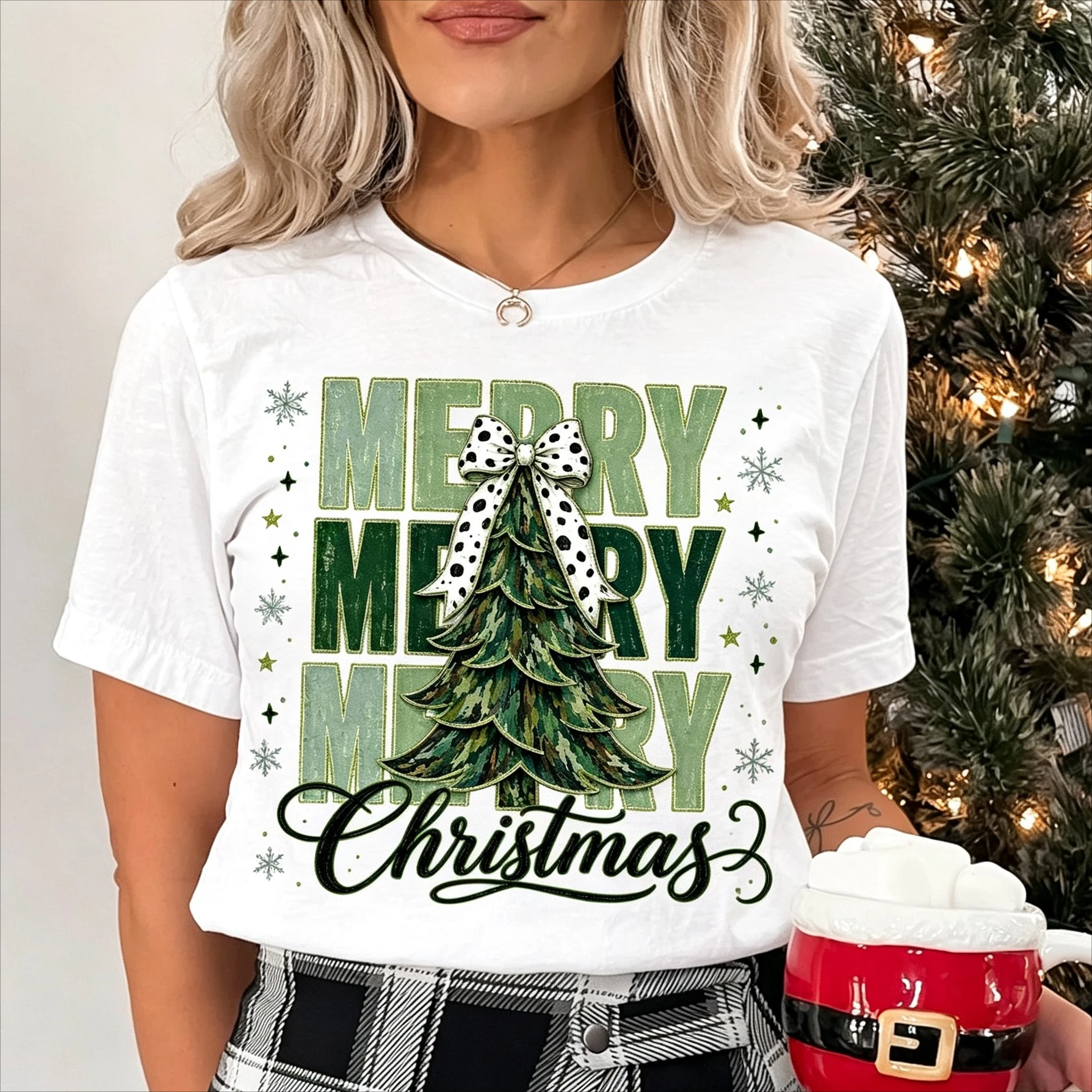Women Christmas T Shirt Green Stacked Merry Christmas Tree Dalmatian Bow Camouflage Short Sleeve Crew Neck Xmas Wear for Women