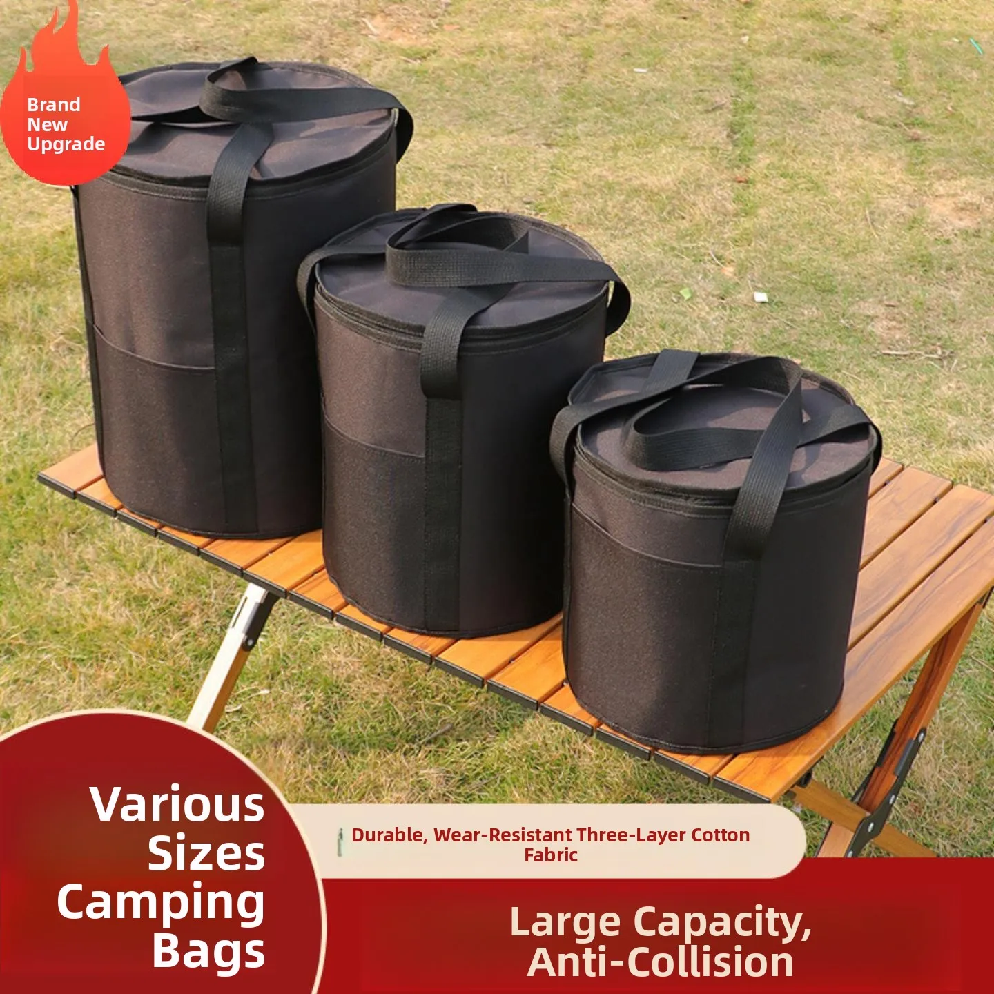 Outdoor Camping Picnic Equipment Bag Pot Anti-Collision Thick Oxford Cloth Insulated Handbag Large Capacity round Cylinder Bag