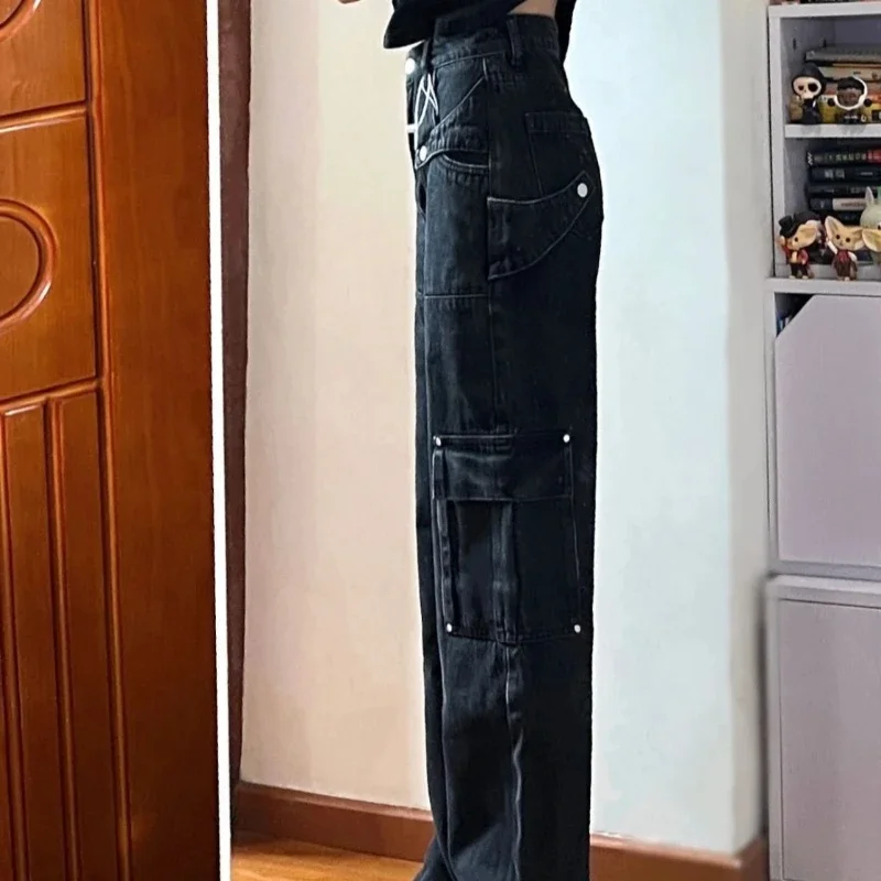 Spodnie Retro Damskie Cargo Jeans High Waist Shot Xxl Unique Hippie Cool Medium Grunge Y2k Cowboy Pants for Woman Stretched Emo