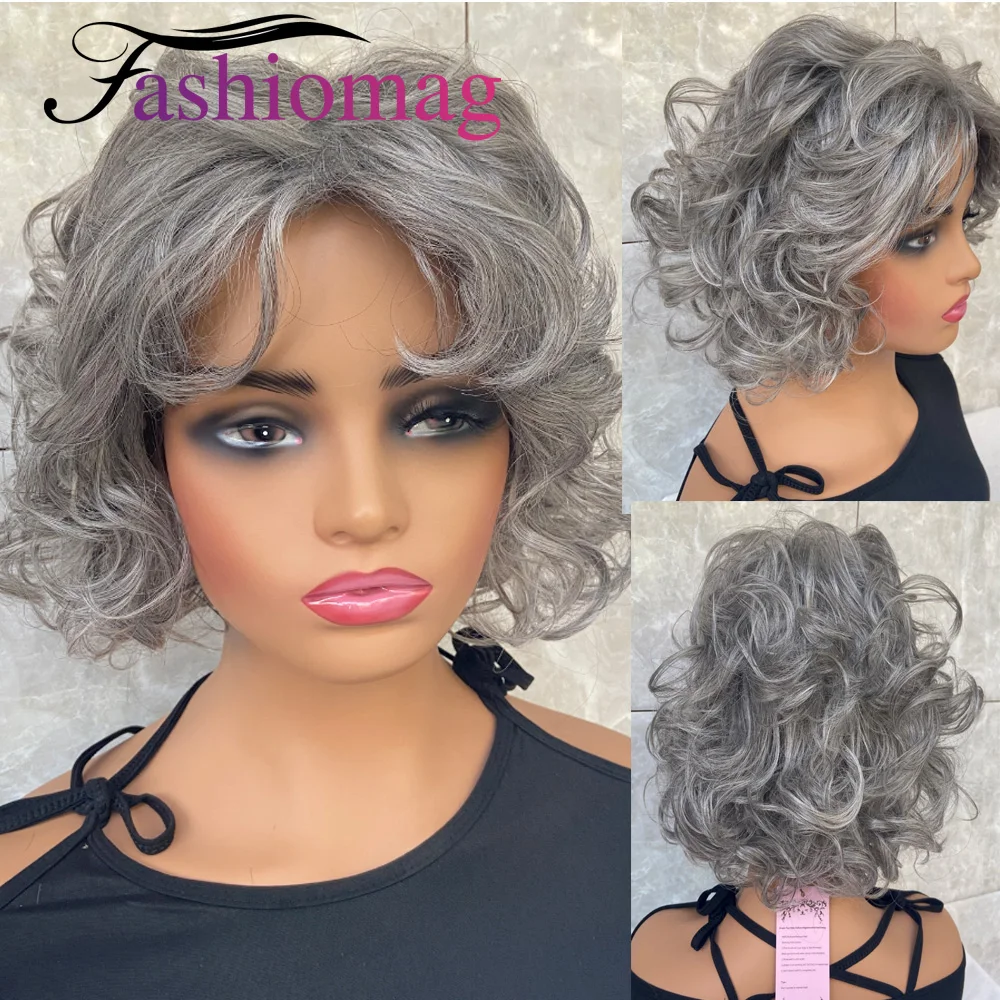 Fashiomag Short Fluffy Curly Hairstyle Gray Silver Synthetic Hair Wigs Women Heat Resistant Fiber Grandma Daily Use Wigs