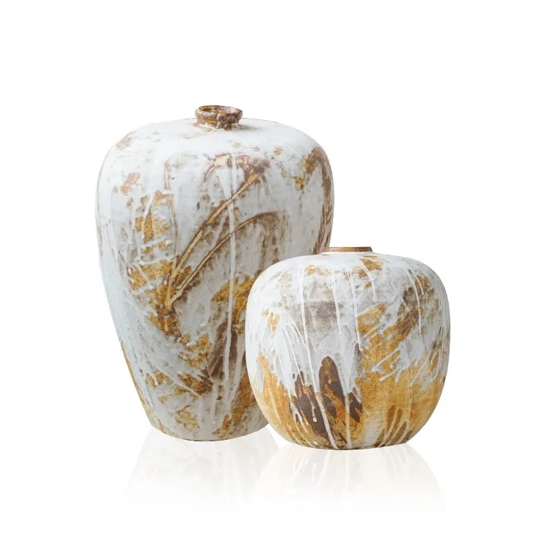 retro coarse pottery vase ornament, living room flower arrangement, high-end homestay hotel decoration, home ornament