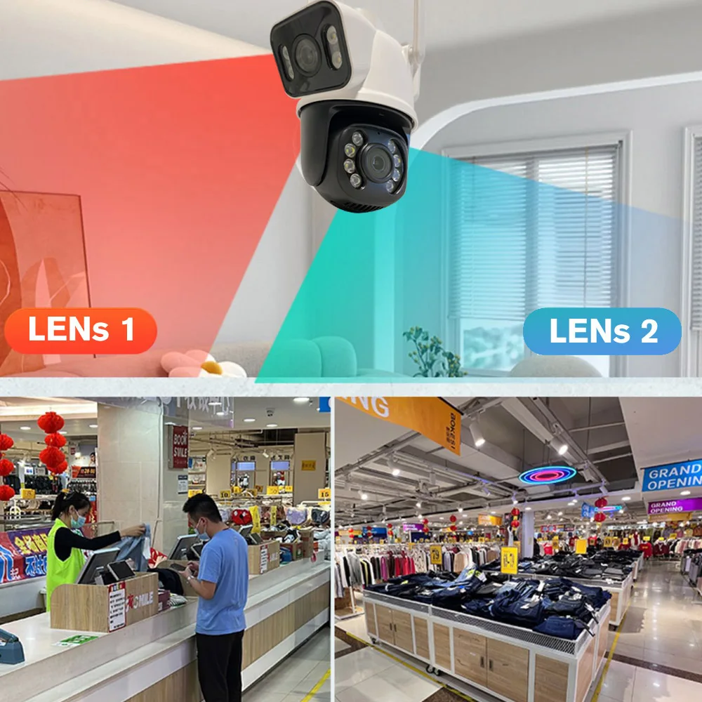 Kamera WiFi IP HD 6MP, lensa ganda perlindungan keamanan luar ruangan CCTV 360 PTZ Video Monitor Secur Kamera pengawasan rumah pintar