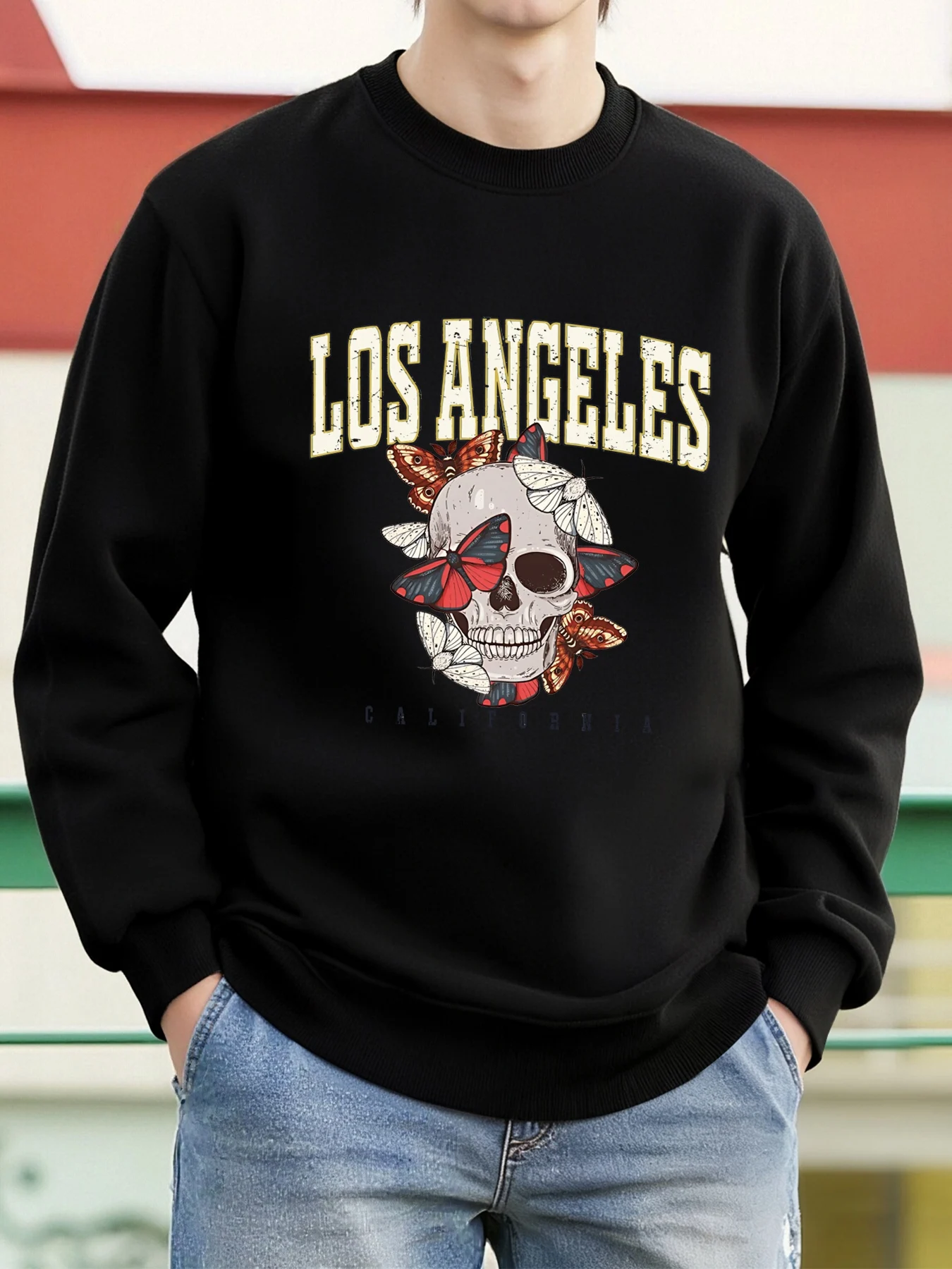 Los Angeles Skull Butterfly Print Herren Sweatshirt Weiches warmes Top Fleece Pullover Rundhalsausschnitt Oversize Sportswear Herbstkleidung