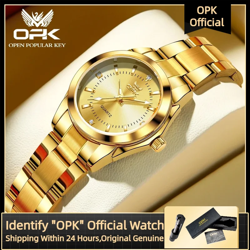 OPK 여성용 럭셔리 쿼츠 시계, 우아한 스테인레스 스틸 시계, 발광 방수 골드 다이아몬드 손목시계, 숙녀 드레스 시계