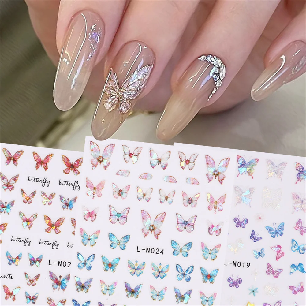 Nail Art Stickers Eye-catching Sweet And Refreshing Colorful Butterfly Decal Laser Butterfly Nail Sticker Nail Stickers Salable