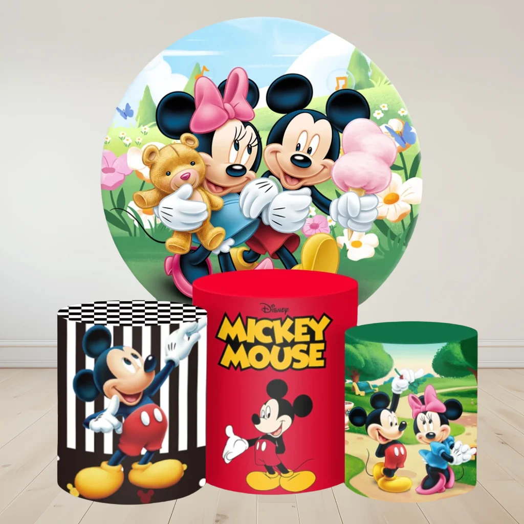 Mickey Minnie Mouse Round Backdrop 3 Cylinder Cover Elastic Background Photography Baby Shower Birthday Party Dessert Table