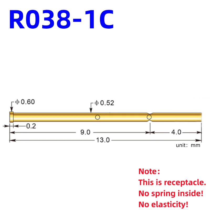 20/100PCS R038-1C Test Pin P038-B Receptacle Brass Tube Needle Sleeve Seat Probe Sleeve Length 13mm Dia 0.52mm P038-B1 PCB Test