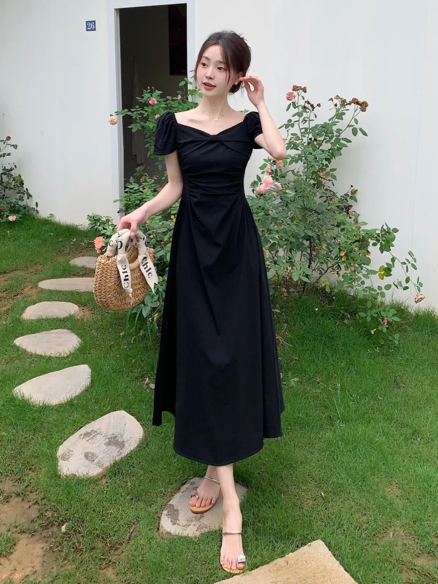 

Elegant plus Size Women's Dress Summer Slimming Black Long Dress Sweet High Waist A-Line Skirt Short Sleeve Knot