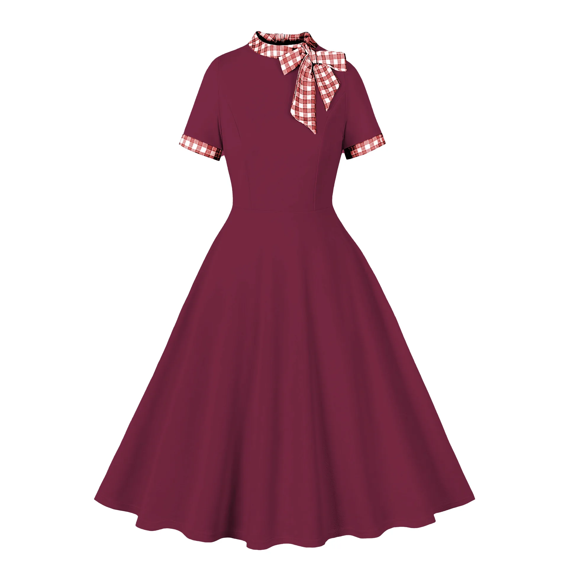 

Летнее платье в стиле ретро Хепберн, элегантное, с высокой талией, расклешенное, для вечеринок, длинное, женское, в клетку, с бантом на шее