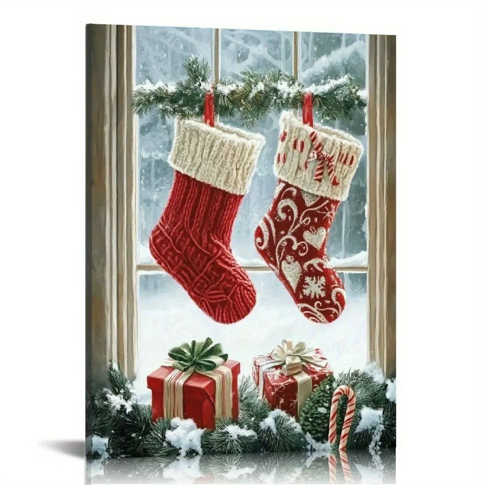 1PC Canvas Design Art Poster Vintage Christmas Stocking Wall Decoration Home Decoration For Home Office Bedroom Living Room