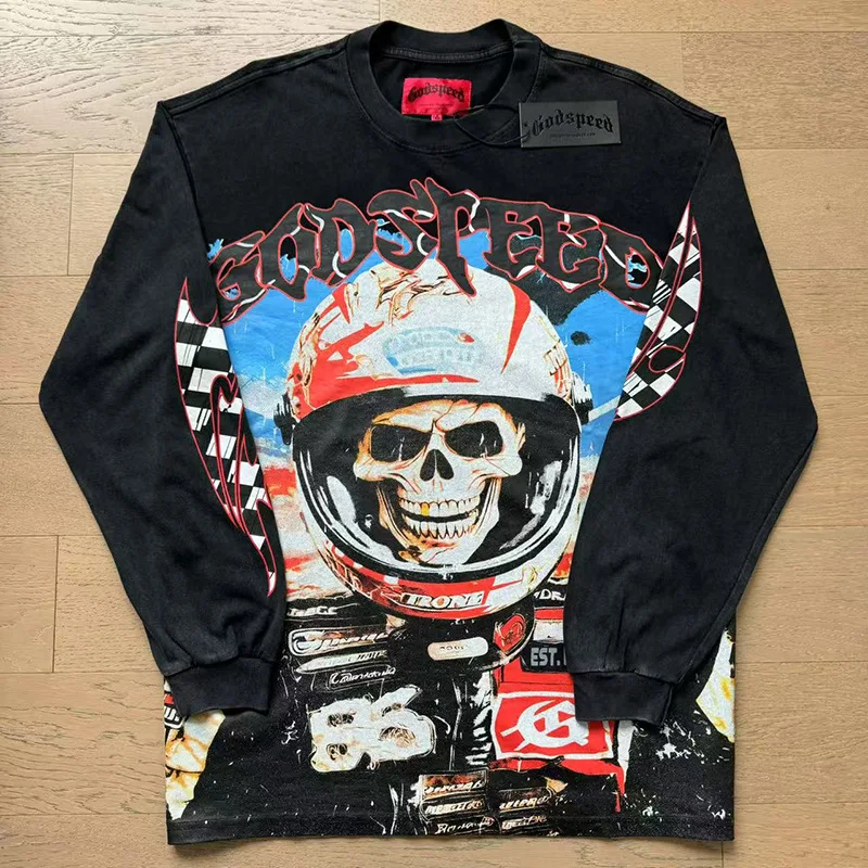 

2025 Streetwear GOD SPEED T Shirt Men Woman Black White Green Casual Couple long Sleeve Tees Heavy Fabric Spring Summer Loose