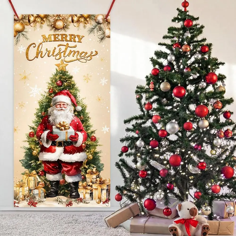 Santa Claus Pattern Christmas 2D Door Banner Rectangular Hanging Christmas Door Cover Perforated Strap Fastening Polyester