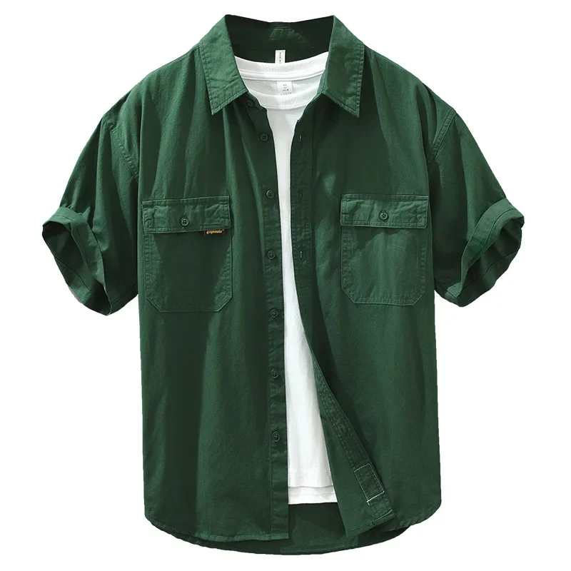 

Japanese workwear short sleeved shirt, men's summer thin pure cotton loose top, trendy double pocket shirt, half sleeved jacket