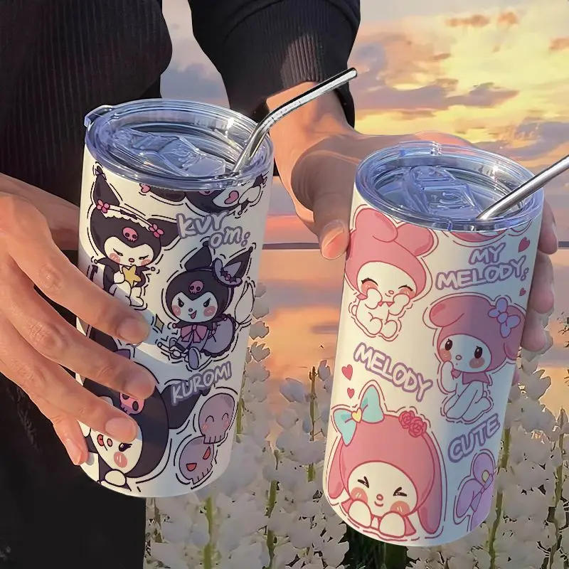 420Ml Kawaii Kuromi 304 Straw Straight Cup Cartoon My Melody Thermos Cup Portable Coffee Cup Student Water Cup Large Capacity