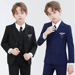 Children Elegant Black Blue Wedding Suit Boys Ceremony Tuxedo Dress Teenager Kids Photograph Blazer Party Performance Costume