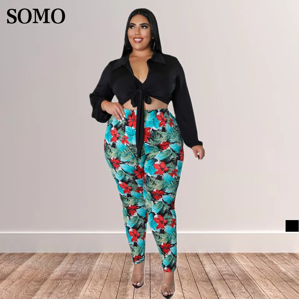 

2022 Fashion Printed Outfits Elegant Lapel Shirt and Long Pencil Pants Women Plus Size Two Piece Set Wholesale Dropshipping