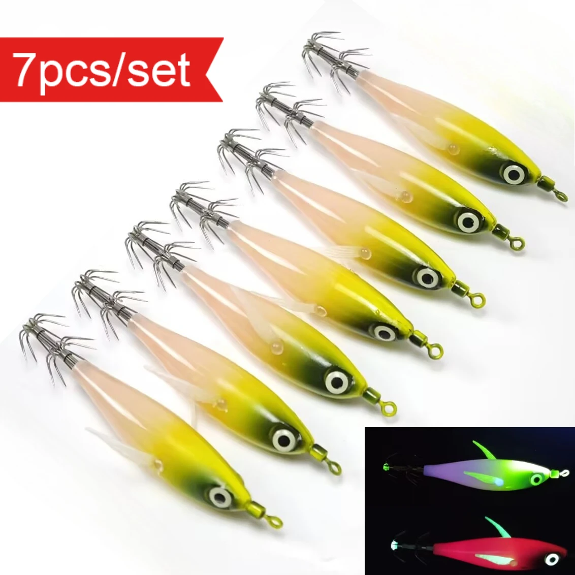7-teiliges Set Salzwasser-Kunstköder, Horizontaler Tintenfisch-Jig, Egi-Set, Farbverlauf, Holz-Garnelenköder für Sepia und Oktopus