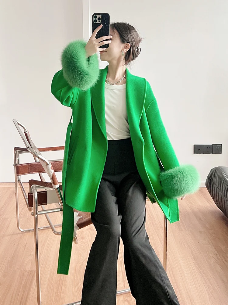 

2023 Woolen fur,Women's Loose-fit Double Side Cardigan Fur Coat With Belt Korean Style Fall Winter Detachable Real Fox Fur Cuff