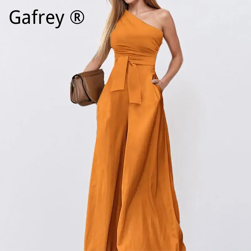 

Women Fashion Solid Asymmetric One Shoulder Jumpsuit Tie Waist Cinched Flare Pants Trousers Elegant Party Outfit Female New