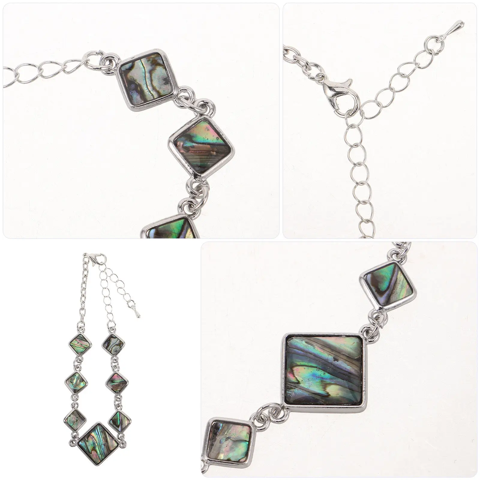 Rainbow Abalone Bracelet Geometric Rhombus Adjustable Chain Boho Shell Link Ocean Inspired Cocktail Beach Wedding Statement