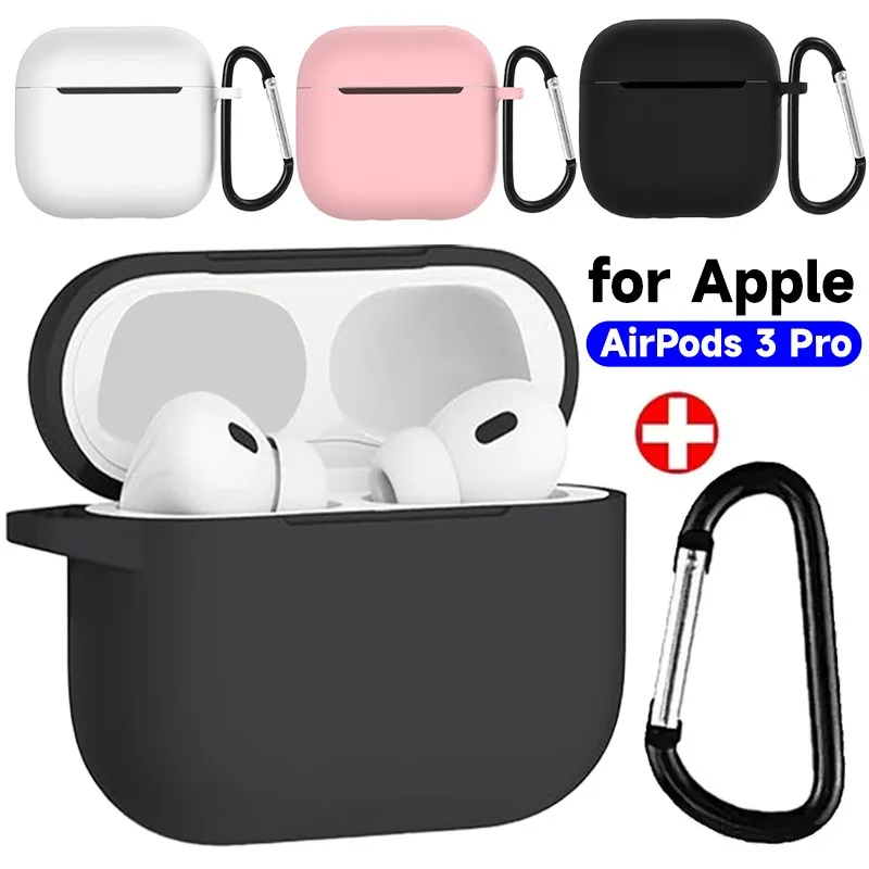 Para airpods pro 3 capa protetora de silicone anti queda à prova de choque com mosquetão de metal para apple airpods pro 3 preto branco