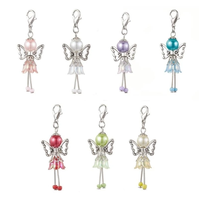 

652F Pack Of 7 Elegant Alloy Angel Wing Charm with Faux Pearls and Flower Designs for Keychains and Bag Decorations