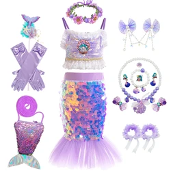Kids Mermaid Cosplay Princess Dress Girls Sequin Mesh Fishtail Skirt Children Birthday Carnival Halloween Party Fantasy Costume