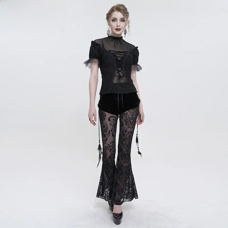 EVA LADY Sexy Gothic Style Long Pants Fake Two-Piece Velvet Net Flared Pants EPT012 Women's Fashion Bottom Wear Polyester Spa...