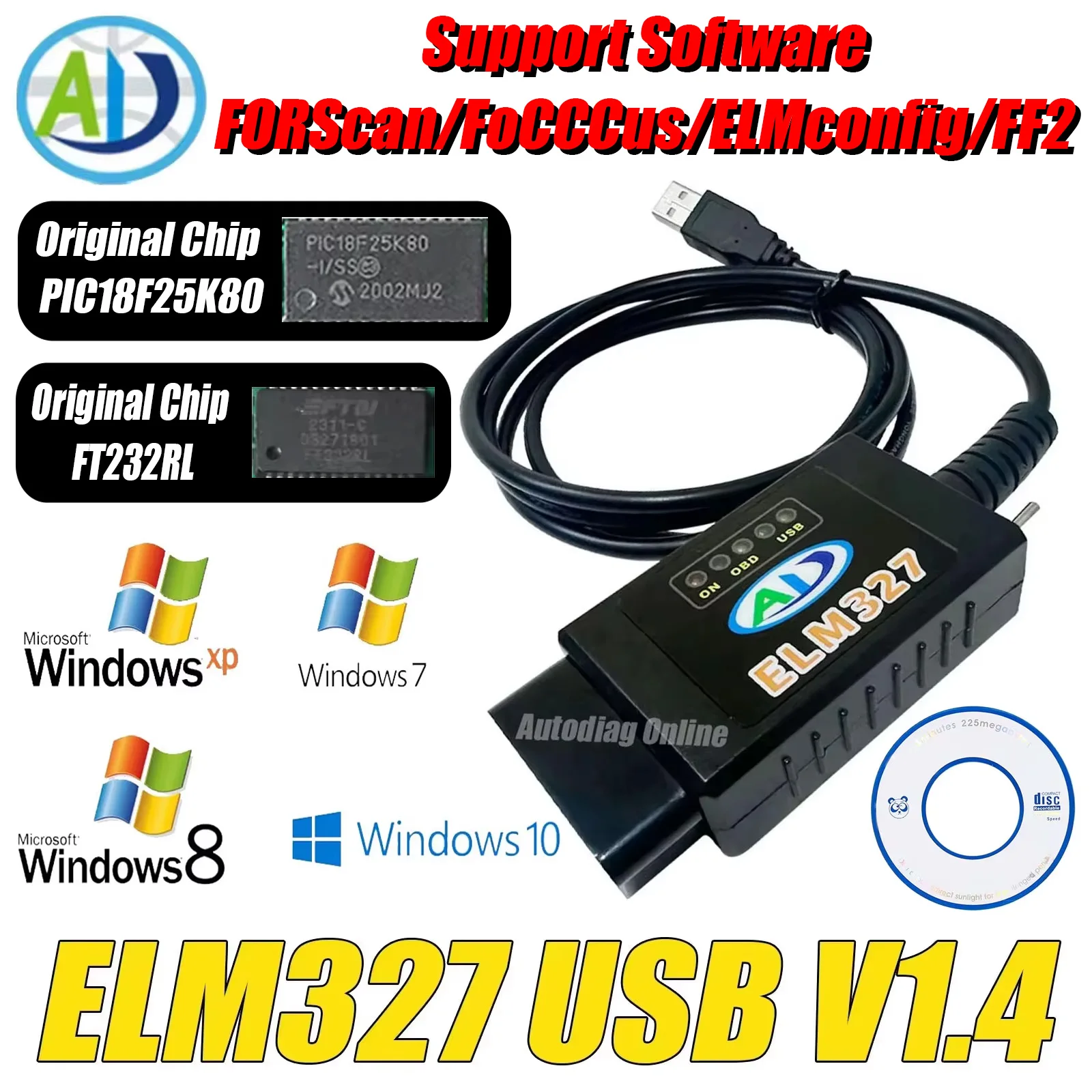 ELM327 USB Scanner FT232RL PIC18F25K8 Chip CAN-HS/MS for Ford Forscan Car Scanner Code Reader Automotive OBD2 Diagnostic Scanner