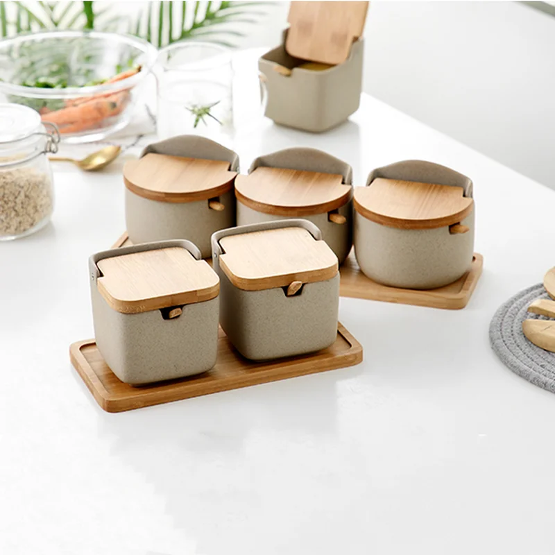 Ceramics Spice Jar Wooden Tray Clamshell Seasoning Box Set Castor Tools Container Kitchen Organizer