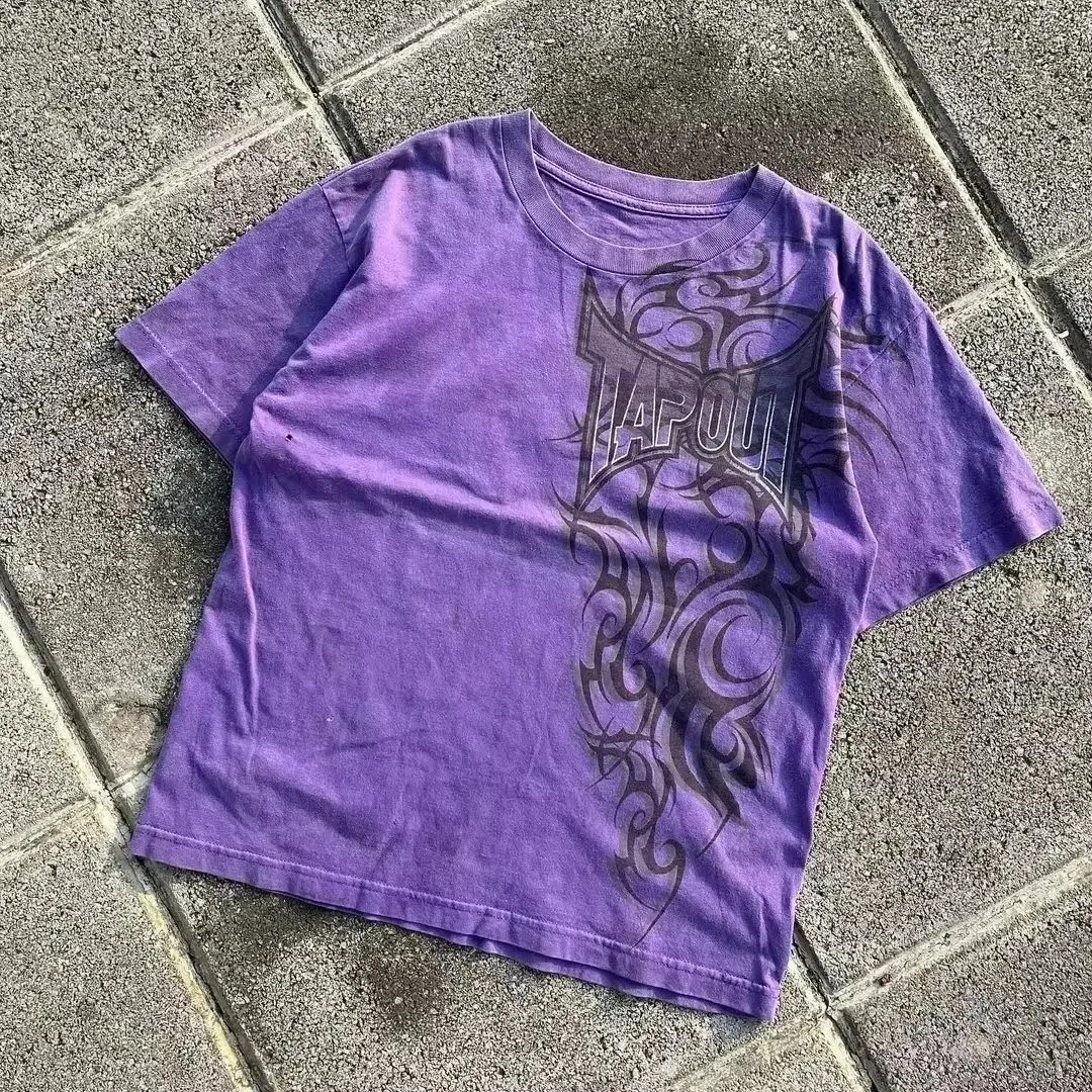 90s TAPOUT men New Y2K black Printing T shirt Hip Hop Round Neck