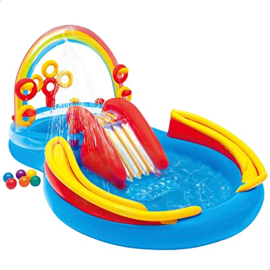 inflatable pool with water slide and ring toss for outdoor play PVC material multicolor rainbow durable and quick-inflating