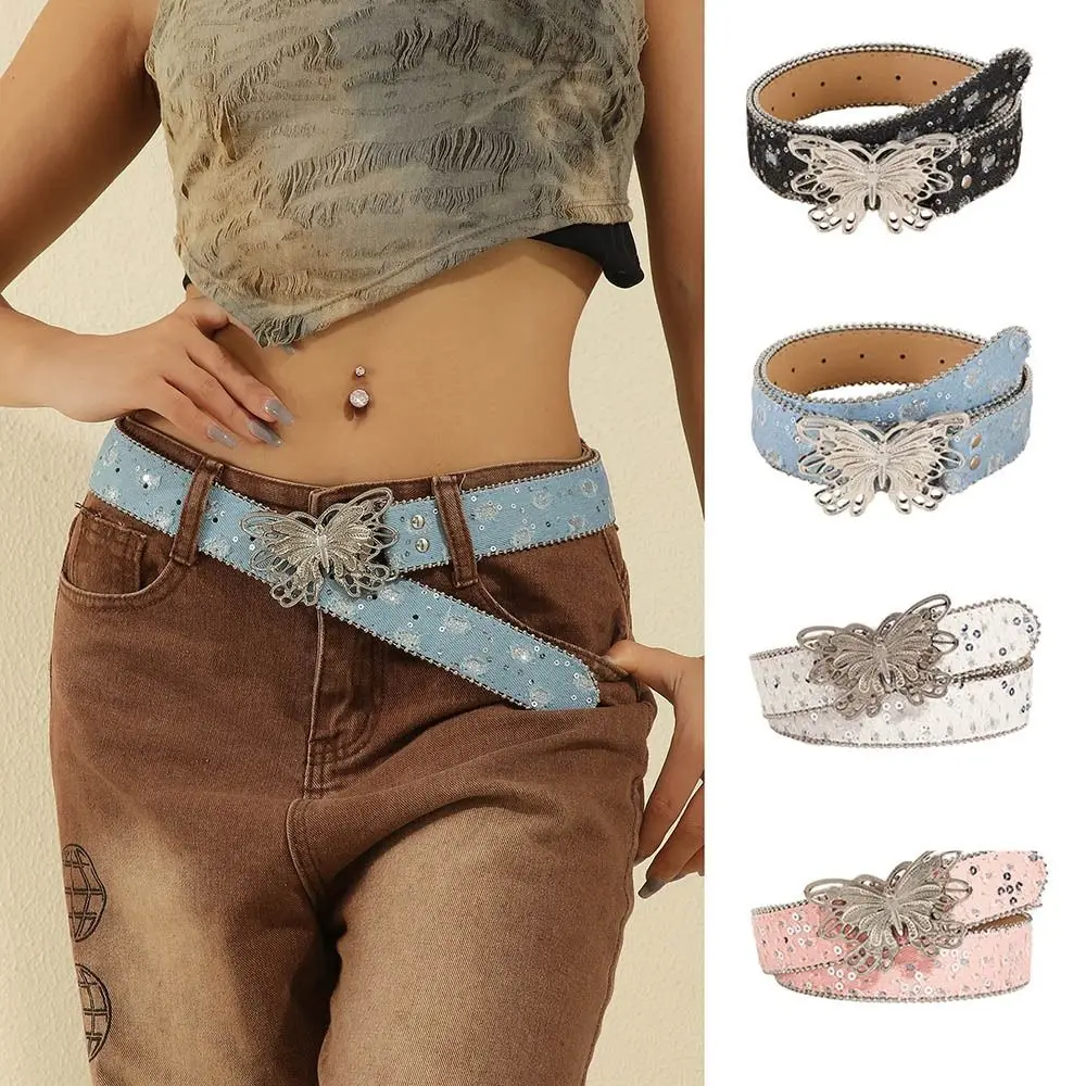 Trendy Sequins Hip Hop Punk Belt Denim Wide Edge Waist Belt Y2K Alloy Casual Versatile Belt