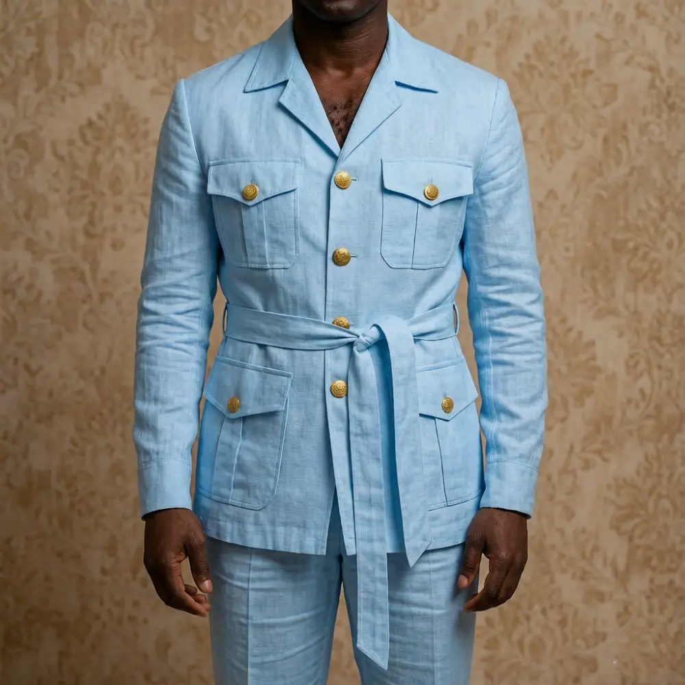 Mens Off White Linen Safari Suits 2 Piece Notched Lapel Prom Suit with Belt Gold Buttons Multi Pockets Beach Summer Wedding view 3
