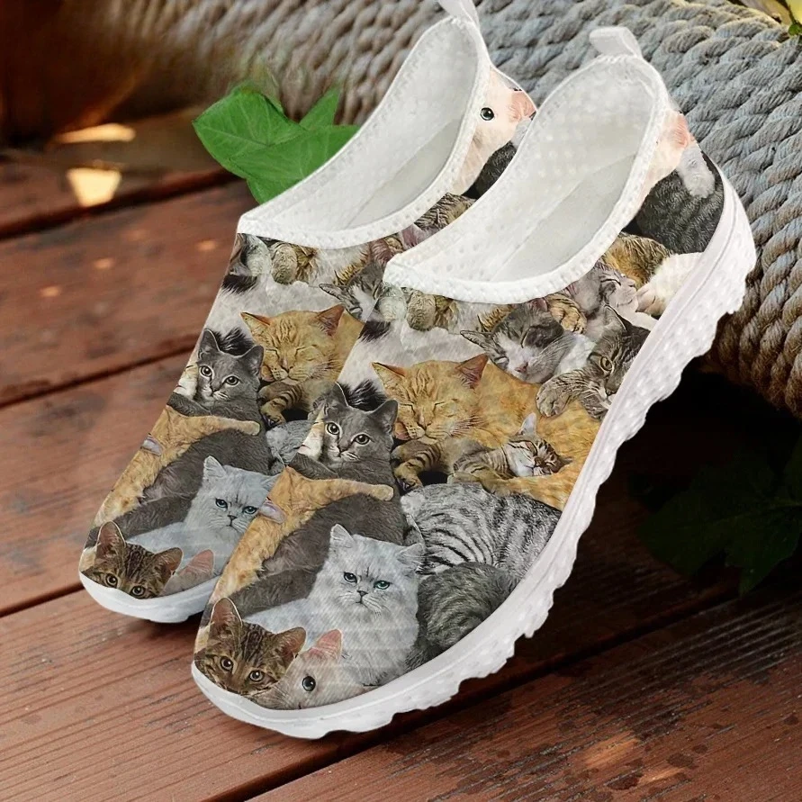 

Cute 3D Cat Printing Female Mesh Sneakers Breathable Slip-on Loafers Lightweight Women Flat Shoes Casual Footwear