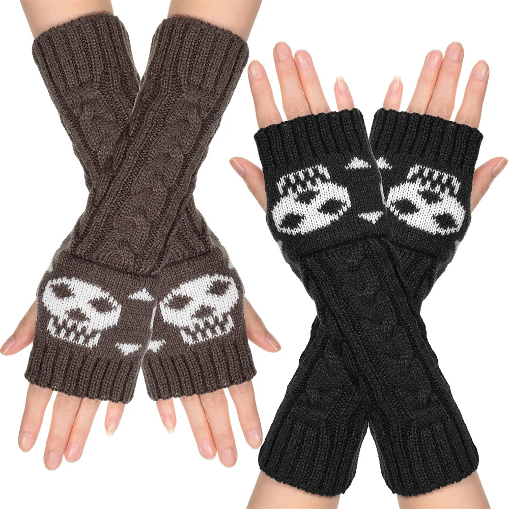 Women Gothic Knitted Skull Gloves Winter Warm Men Gloves Stretch Dark Cool Elbow Length Arm Warmer Hipster Black Long Mittens