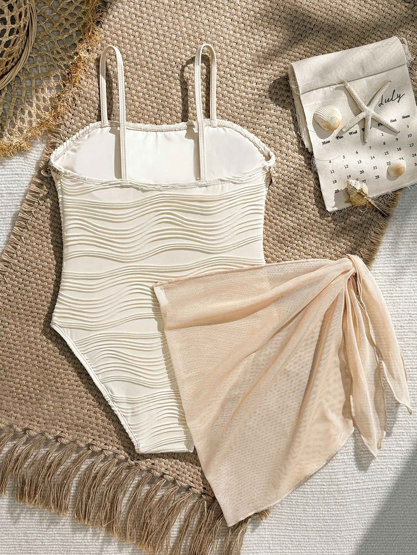 Kids Girls 2-Piece Seashell Starfish Decor Wavy Textured One Piece Swimsuit & Sheer Beach Sarong Cover Up Set