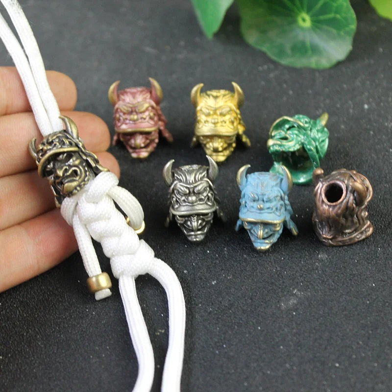 Japanese Eagle Nose Samurai Helmet Knife Beads Woven Paracord Lanyard Pendants Outdoor EDC Umbrella Rope Brass DIY Accessories