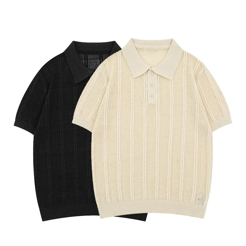 

Men Jacquard Hollow Knitted Summer Streetwear Fashion Loose Casual Short Sleeve Polo Shirts Man T-shirt