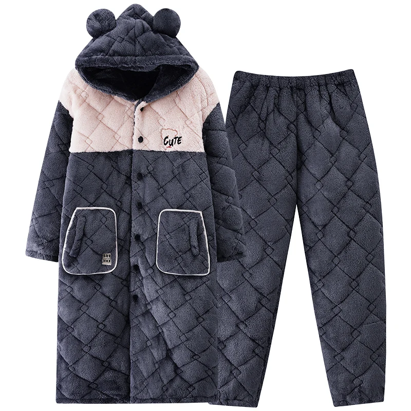 

High Quality Winter Men Bath Robe+Pant 3 Layer Clip Cotton Hooded Robe Male Thick Dressing Gown Pijamas Hombre