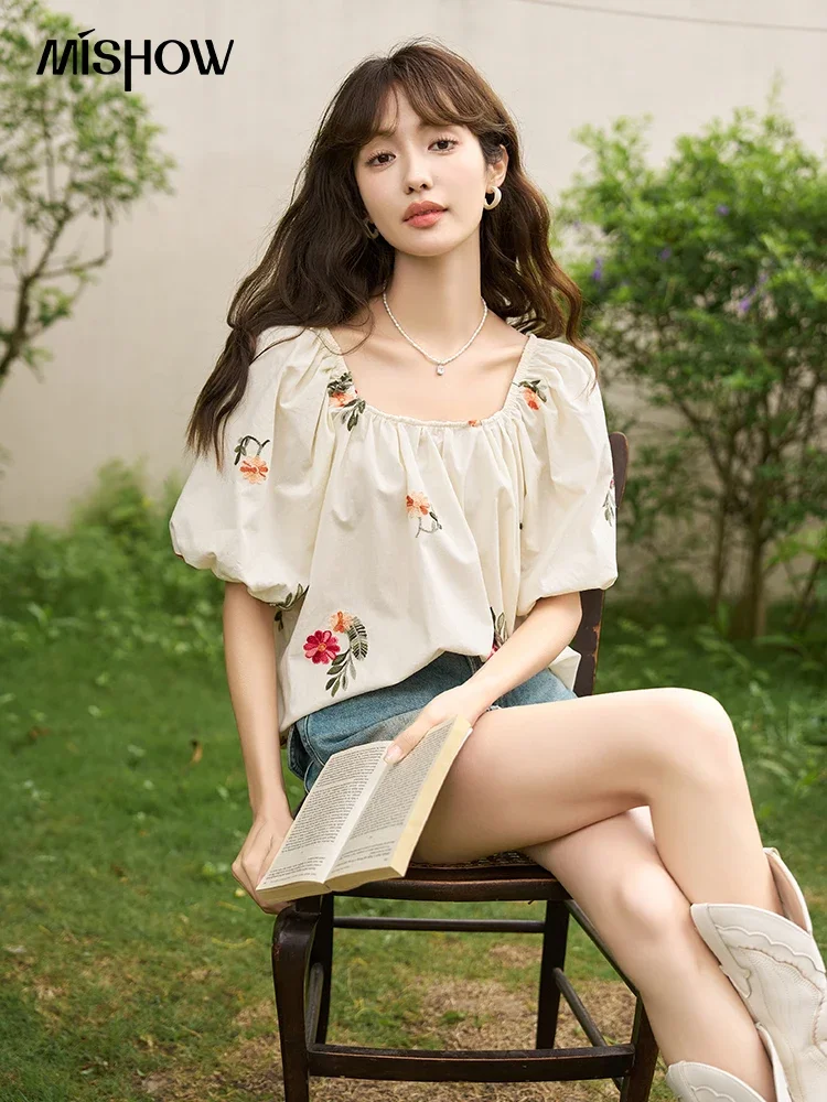 MISHOW Floral Embroidery Blouse for Women 2023 Summer  Korean Chic Puff Sleeve Square Collar Sweet Pullover Loose Top MXC38X0092