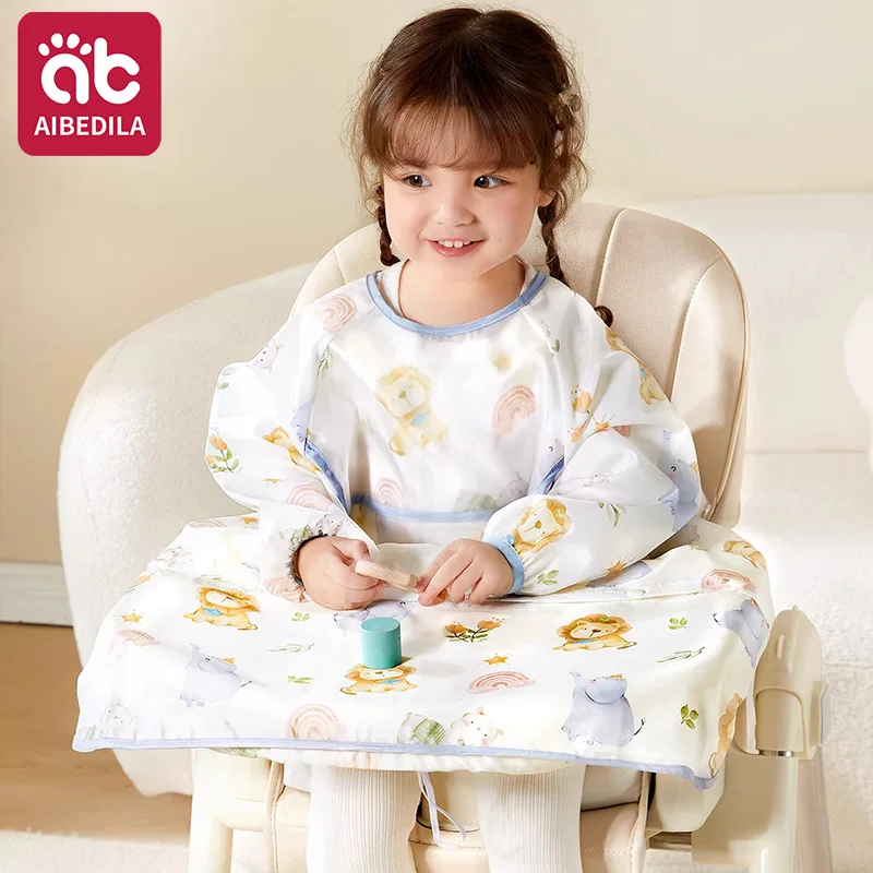 AIBEDILA Baberos impermeables para bebés, babero de manga larga para destete, se sujeta a la mesa de la trona, dobladillo desmontable, 6M-6T