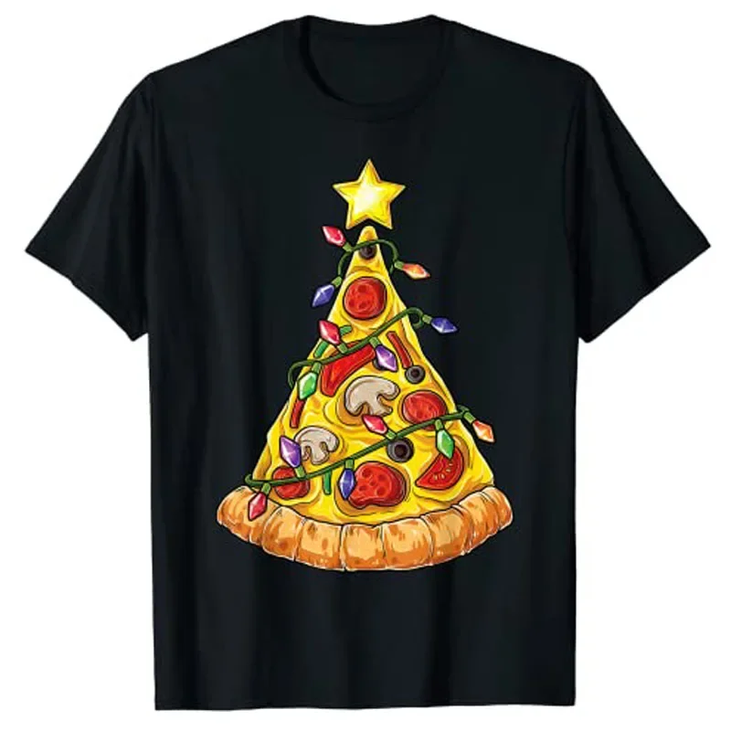 Camiseta con estampado de Crustmas Pepperoni para hombre y mujer, ropa estética divertida para vacaciones, Pizza, árbol de Navidad, luces, dibujos animados