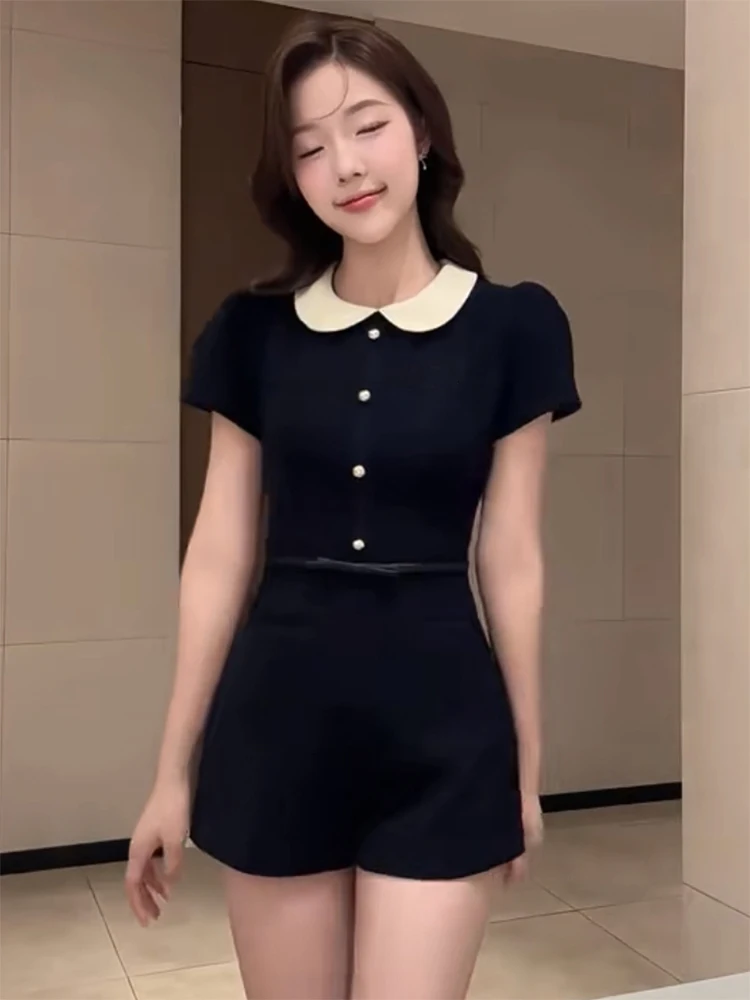 Cute Collar Color Block Short Sleeve Romper Women's Elegant Lady Waist Cinching Slimming Shorts High Waist Commute Style